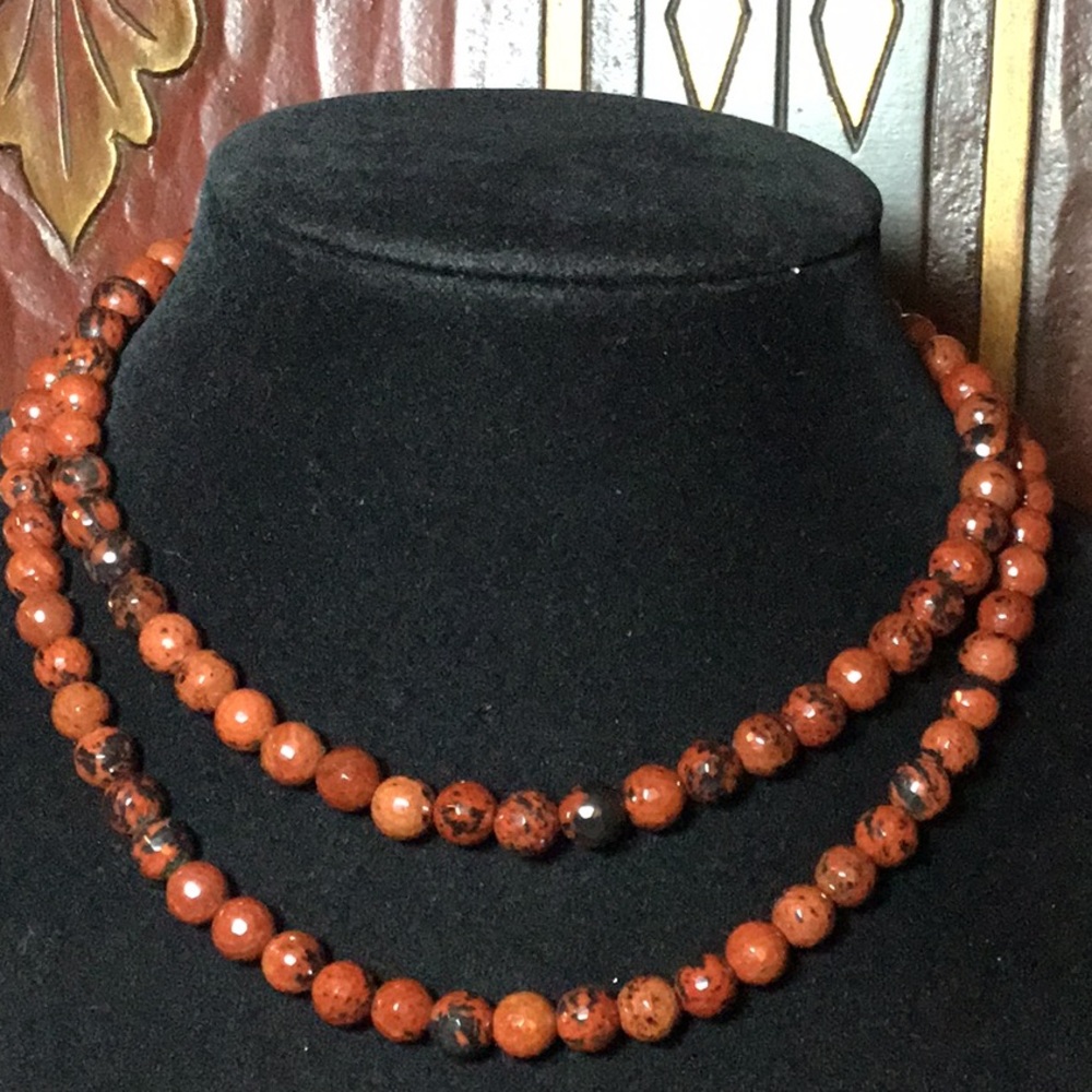 Mahogany Obsidian Necklace 17” Faceted Stone Bead 2 Strand Marked 925 Hook Clasp